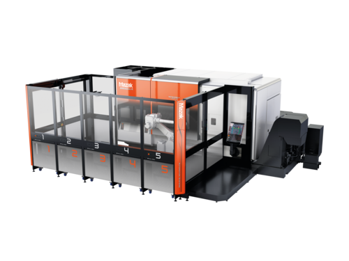 Mazak Auto Flex Cell for part and pallet handling. Automated production of mixed work pieces for high mix, low volume production.